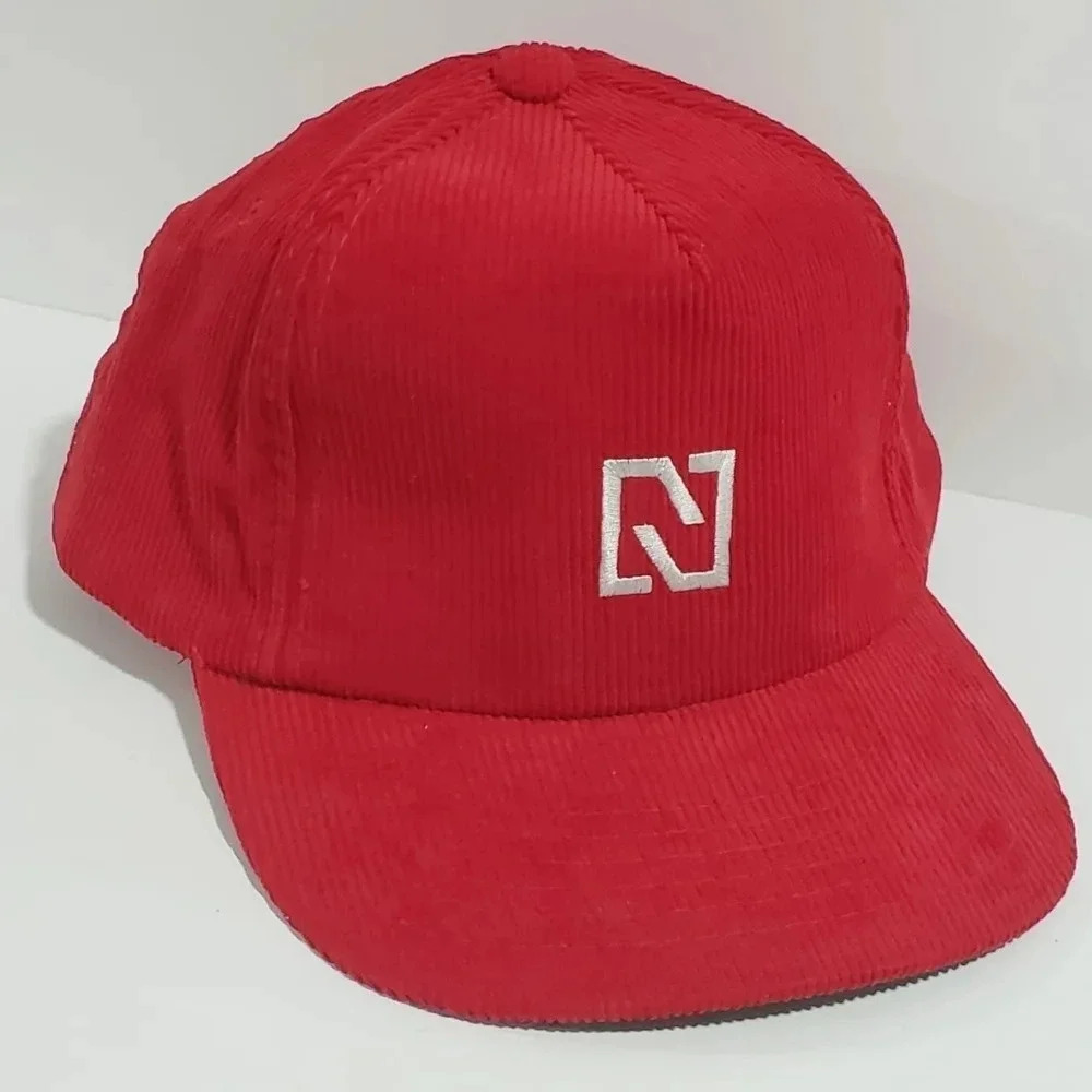 Vintage Red Corduroy Fletcher Mens Snapback Trucker  Hat with N Logo.